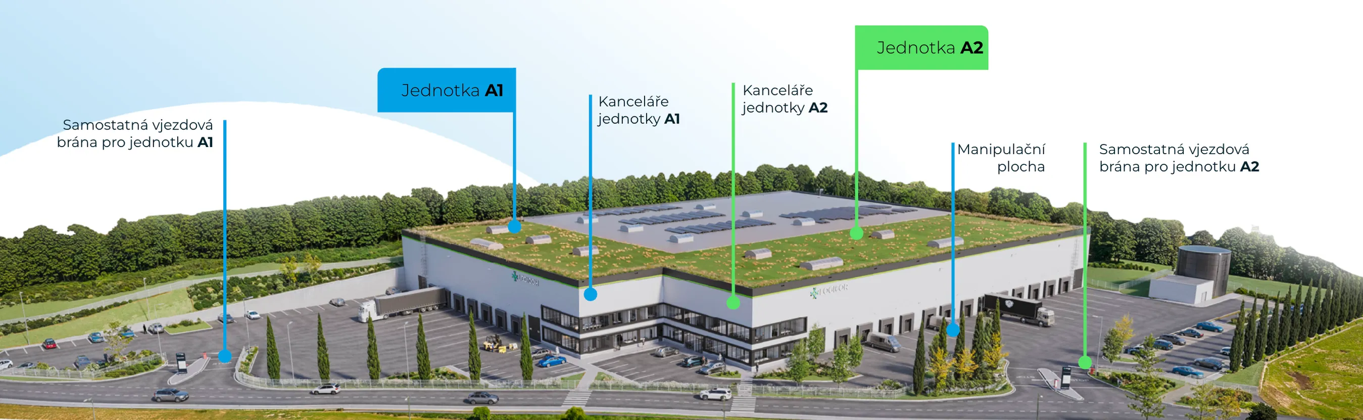 Vizualizace objektu s vyznačenými jednotkami, kancelářemi a vjezdy.