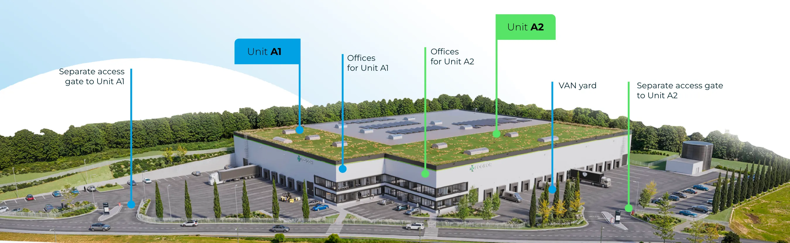 Visualisation of the property with units, offices and entrances marked.